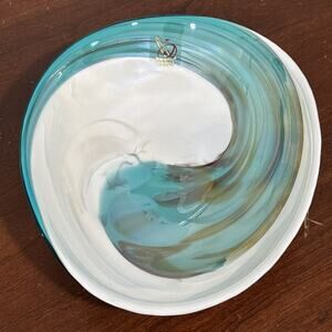 Murano Yalos Turquoise Swirl Mother Of Pearl Folded Plate Dish Bowl 7”